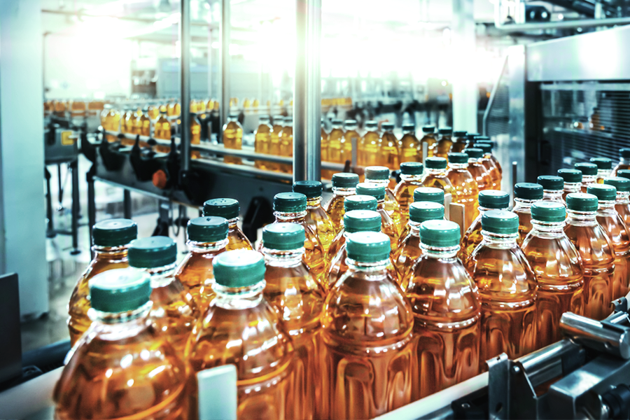 bottles of liquid in a contract assembly line